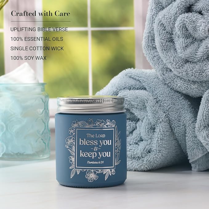 Christian Art Gifts Soy Wax Scented Candle: Lord Bless You Bible Verse, Honeycrisp Orange Scent, Pure Essential Oils, 4.5oz, Up to 20 Hours Burn Time, Glass Jar w/Metal Lid, Encouraging Gift for Women