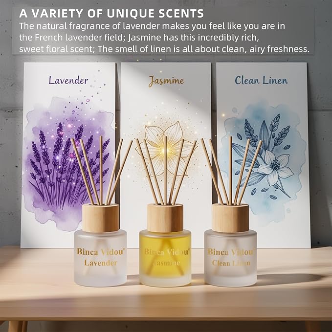 Reed Diffuser Set of 3, Binca Vidou Natural Scent Oil Diffusers with Sticks for Home Office Bathroom Aromatherapy Decor 1.69oz x 3(Lavender, Linen & Jasmine)
