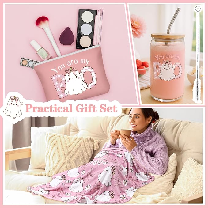 Roshtia 7 Pcs You're My Boo Jelly Basket Stuffers for Women Ghost Boo Throw Blanket Glass Mug Candle Jar Makeup Bag Plastic Handbag with Pen Card Girlfriend Gift