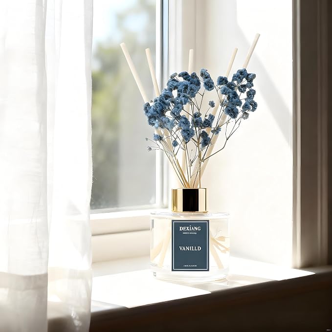 Reed Diffuser Set - 3.38 fl oz Vanilla Premium Scented Oil with Preserved Baby's Breath & Cotton 6 Sticks | Long-Lasting Aromatherapy for Home, Bedroom, Bathroom, Office Home Decor