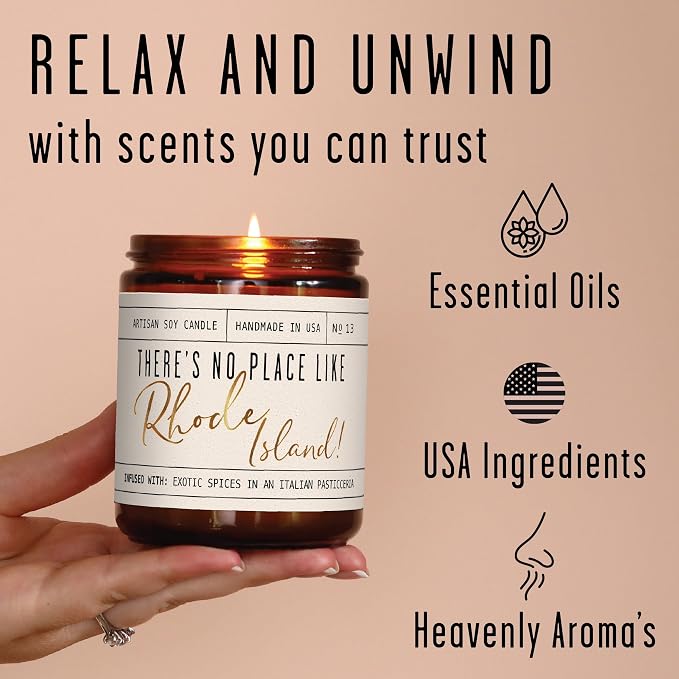 Rhode Island Gifts, Rhode Island Decor for Home - 'There's No Place Like Rhode Island Candle, w/Vanilla, Cardamon & Orange I Rhode Island Souvenirs State Gifts I 9oz Jar, 50Hr Burn, USA Made