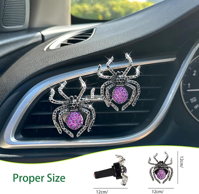 ORIESSE Spider Car Decor,2pcs Purple Black Spider Air Vent Clips Car Fresheners,Bling Goth Horror Decorations Accessories,Refillable Essential Oil Diffuser