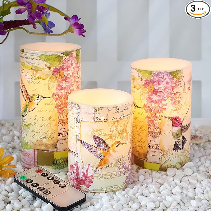 Flameless Candles Pink Hummingbird Floral Battery Operated Remote Timer Flickering LED Real Wax Pillar Candle Warm Light Spring Summer Decor for Home Fireplace Christmas Holiday Gifts