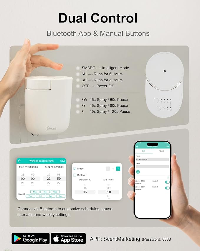 Waterless Plug in Diffuser, 800 Sq Ft, No Wobble Secure Wall Fit, Adjustable Timer & Scent Intensity,App Control,Essential Oil Plug in Wall Diffuser, Includes 3 x 20ml Fragrance Oils, White