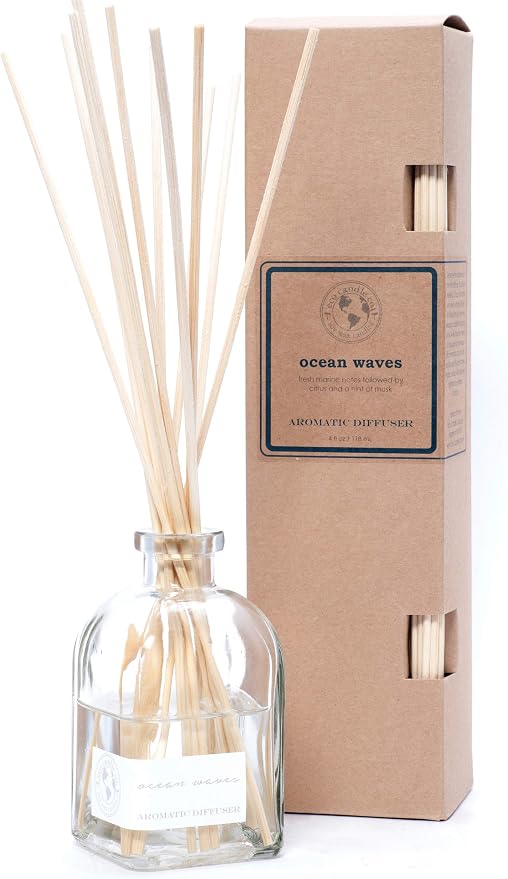 ECO CANDLE CO. Reed Diffuser Set, Ocean Waves, 4 oz. - Scents of Marine Air, Citrus, & Musk - Premium Fragrance and Essential Oil Blends, Clear Glass, 12 Reed Sticks, Recycled Kraft Box