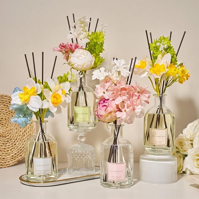 COCORRÍNA Reed Diffuser - Cherry Blossom 8.5 Fl.oz Flower Diffuser with 8 Sticks, Reed Diffusers for Home Bathroom Shelf Decor