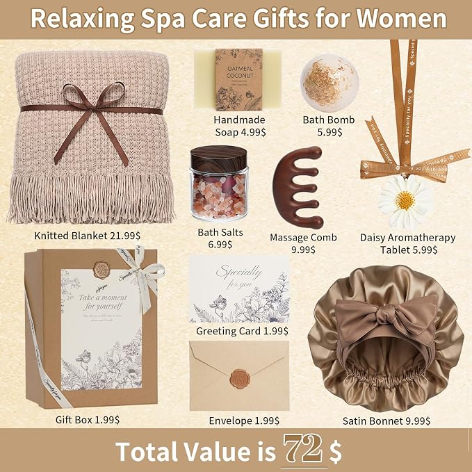 Self Care Gifts Baskets for Women, Spa Care Package for Women, Birthday Gift Get Well Soon Gifts Thinking of You Gift Baskets Summer Home Spa Set with Bonnet & Massgae Comb for Mom Friends, Brown