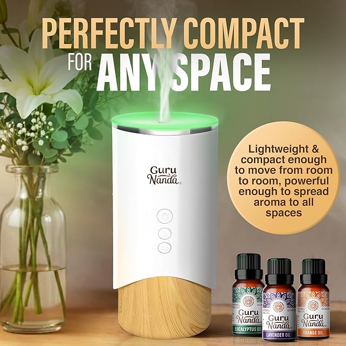 GuruNanda Calm Aura Essential Oil Diffuser, Sleek Modern Corded Electric Aromatherapy Diffuser with Turbo & Mist Modes, Auto Shut-Off Safety, Covers 250 Sq Ft, White, 100 ml