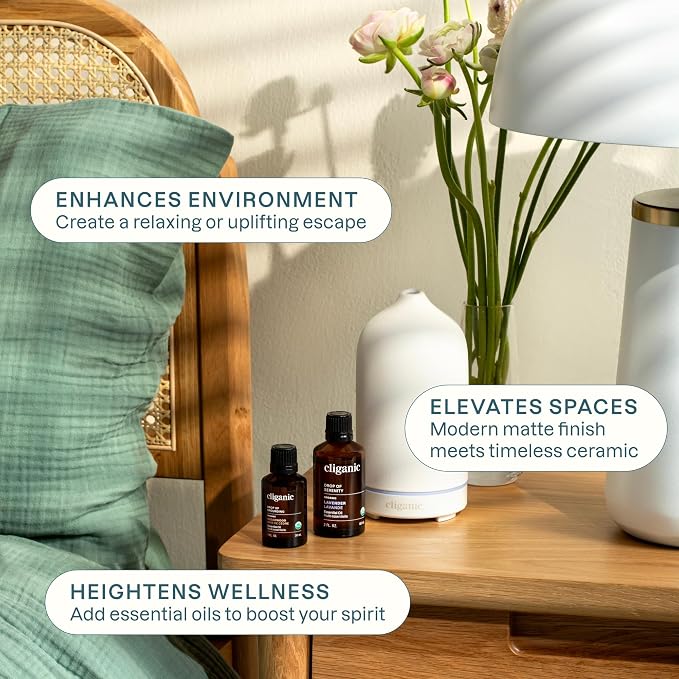Cliganic Ceramic Diffuser (Sage), 100ml Ultrasonic for Essential Oils Aromatherapy, Home & Office