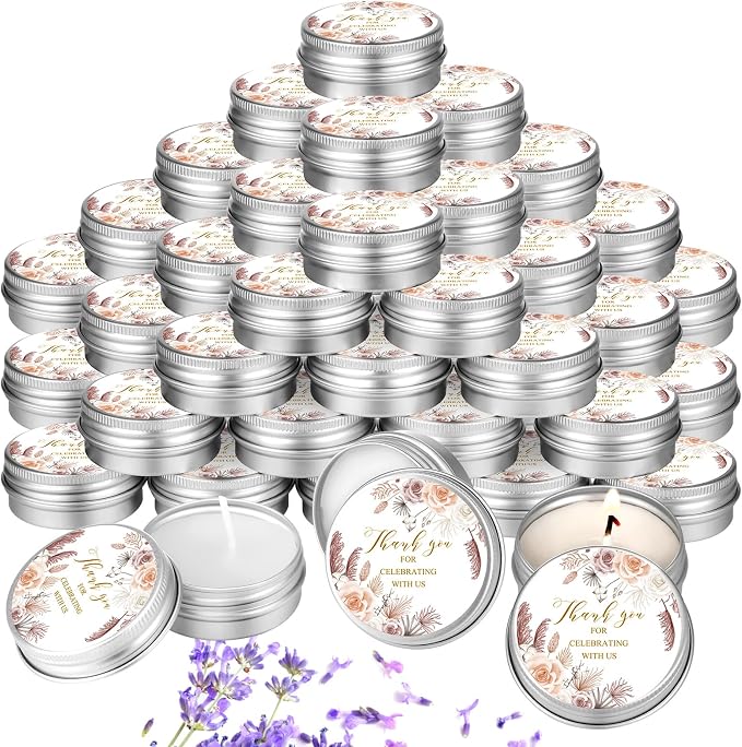 MTLEE 50 Pcs Boho Beige Floral Wedding Candles Gift Favors for Guests 1 Oz Lavender Scented Soy Wax Aromatherapy Candle Favors for Bridal Shower Rustic Wedding Party Guests(Vivid Flower)