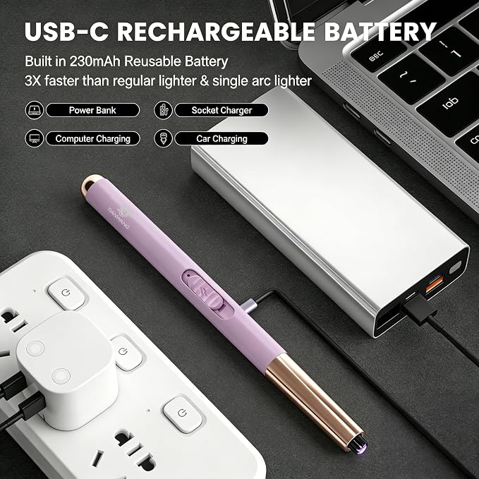 Electric Candle Lighter USB Rechargeable with Safety Lock & LED Display, Windproof Flameless Arc Lighter for BBQ, Camping, Kitchen, Gifts for Women Men(Light Purple)
