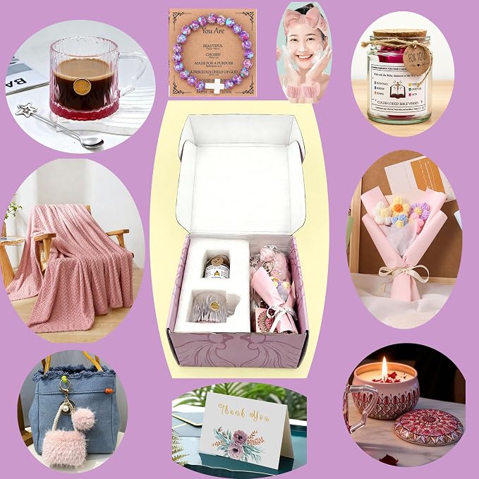 Birthday Gifts Set for Women Luxury Pink Spa & Self Care Gift Boxed Set with Cozy Blanket, Tumbler, Scented Candle, Sleep Mask & Mini Bouquet for Mom, Sister, Friend,Mother,Grandma, Wife