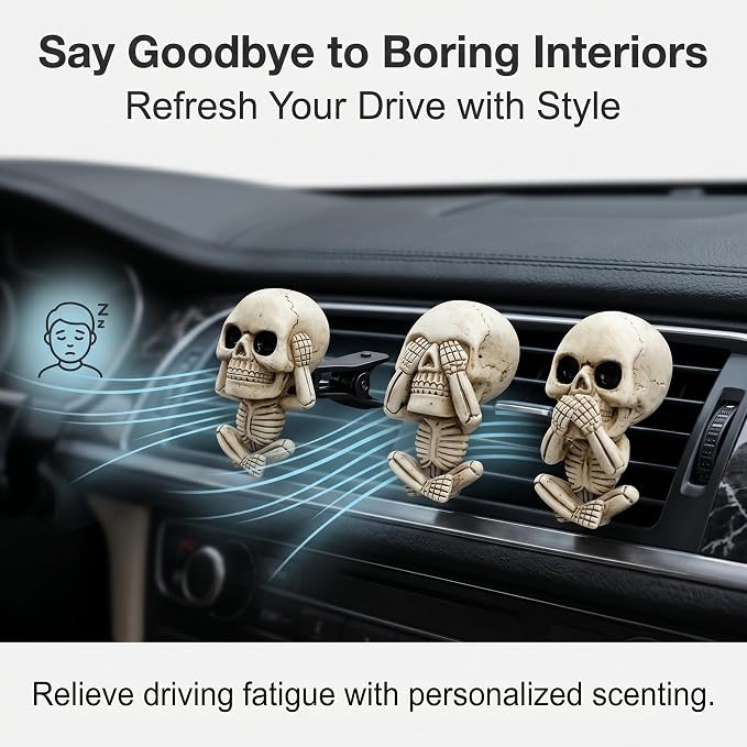 3Pcs Gothic Skull Car Vent Clip Freshener with Felt Scent Pads | Resin skull vent diffuser controls odors, fits car bathroom, Halloween gothic decor gift for teens adults