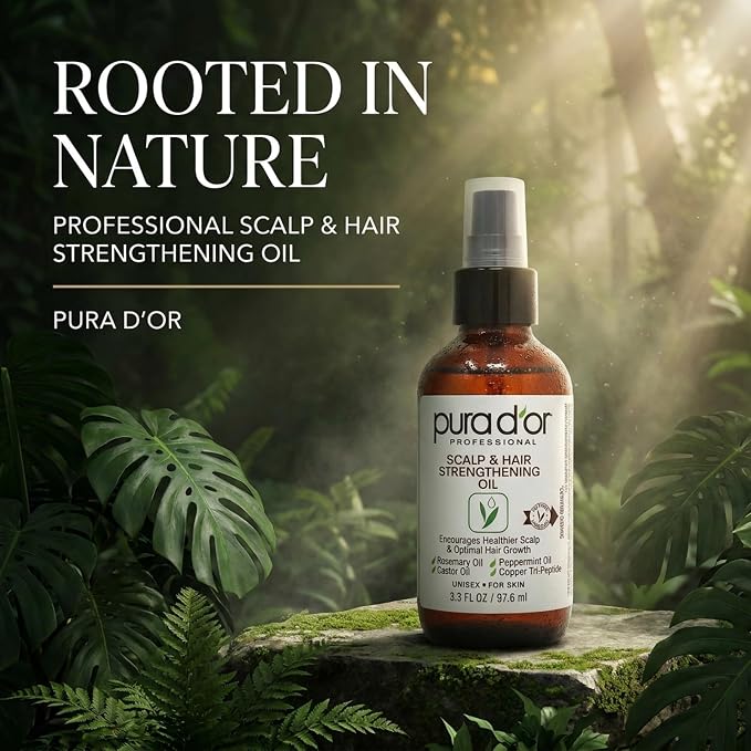 PURA D'OR Scalp & Hair Strengthening Oil Supports Optimal Growth, Reduce Breakage, Nourish Roots for Healthier, Fuller, Thicker Hair - Rosemary, Castor & Peppermint Oil: 3.3 Oz Hair Regrowth Tonic