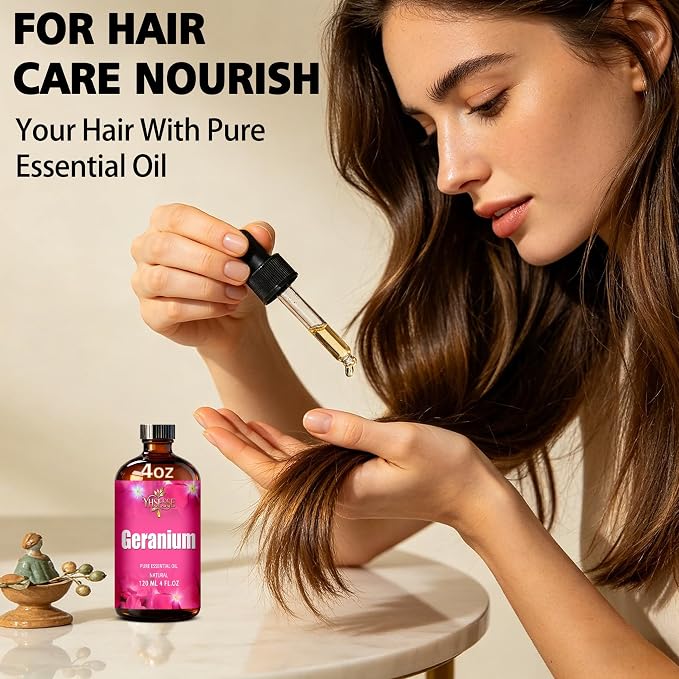Geranium Essential Oil, Geranium Oil 4 Fl Oz 120ml for Diffuser Yoga Soap & Candle Making – with 0.33 Oz Roller Ball & Dropper YHSESSE Essential Oils