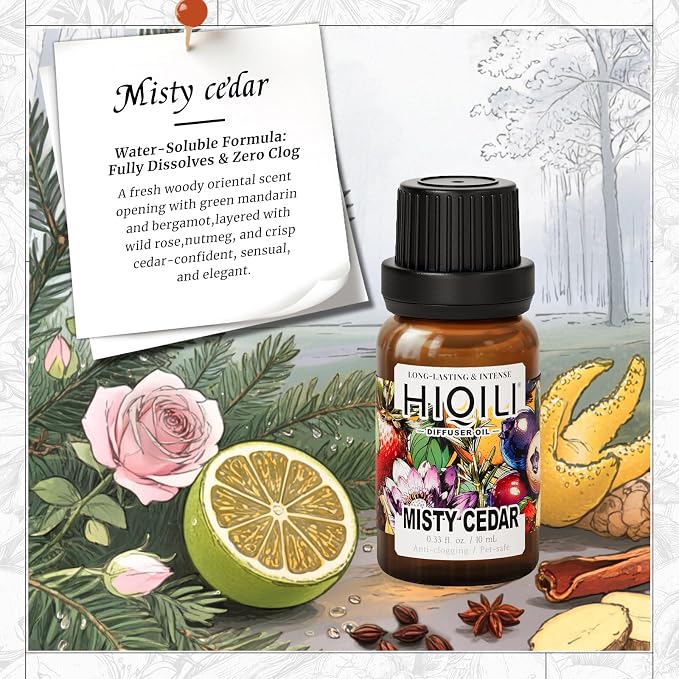 HIQILI Misty Cedar Diffuser Oil for Humidifiers & Ultrasonic Diffusers, Inspired by Bvrberry Bri.t for Him, Luxury Hotel Scents, Calming & Relaxing Essential Oil Blends for Aromatherapy - 0.34 Fl Oz