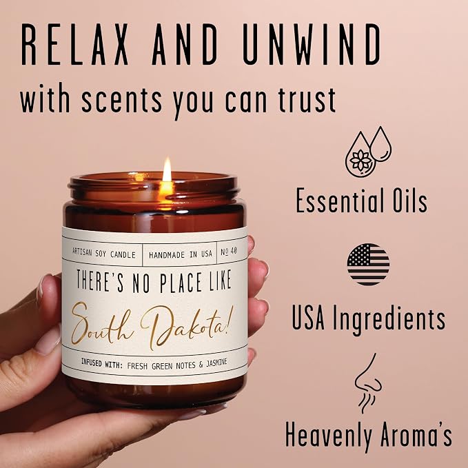 South Dakota Gifts, South Dakota Decor for Home - 'There's No Place Like South Dakota Candle, w/Greenery, Flowers & Jasmine I South Dakota Souvenirs State Gifts I 9oz Jar, 50Hr Burn, USA Made