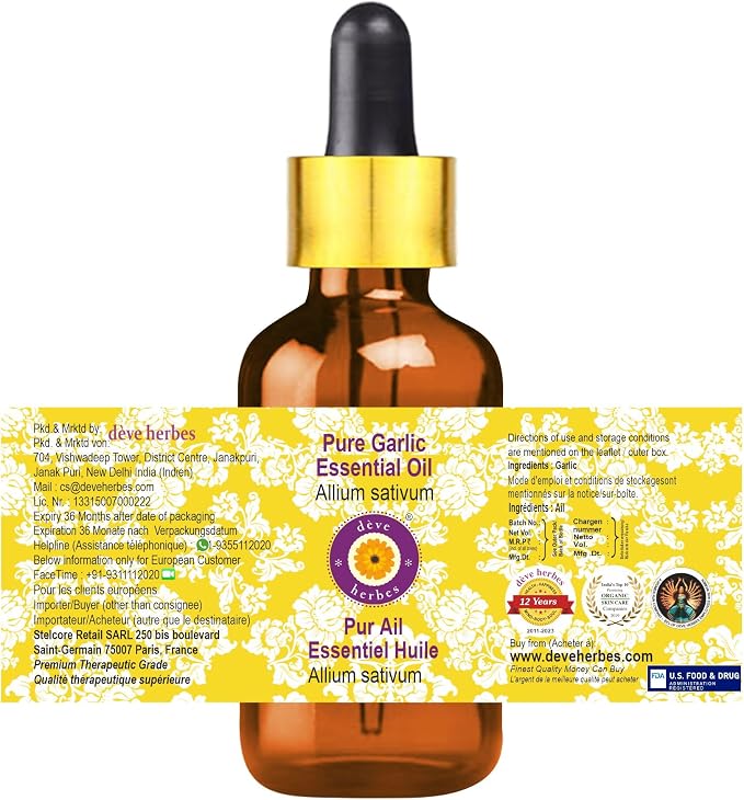 Deve Herbes Pure Garlic Essential Oil (Allium sativum) with Glass Dropper Steam Distilled (Pack of Two) 100ml X 2 (6.76 oz)