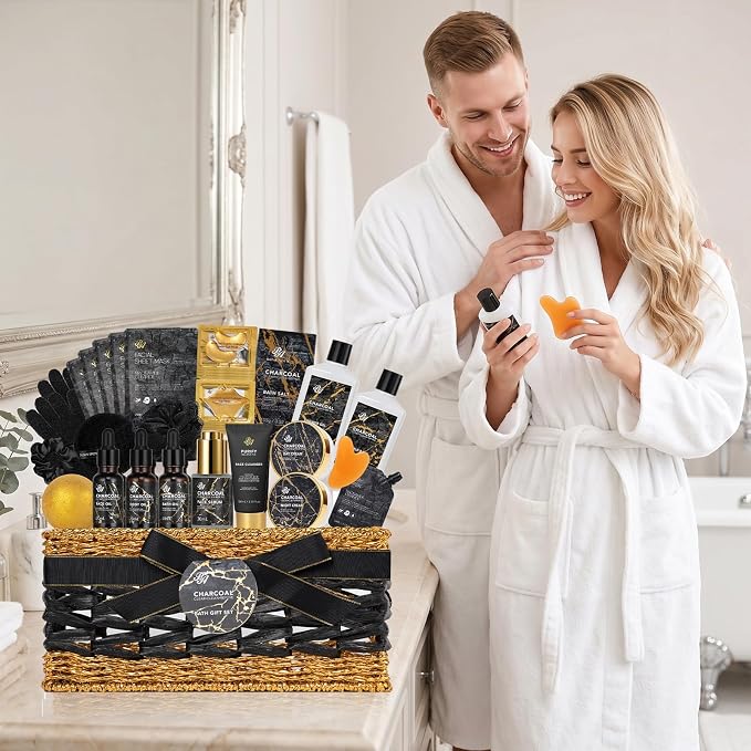 Gifts for Women & Men, Charcoal 32 Pcs Bath & Body Gift Basket for Women & Men, Hydrating Face Skin Care Set, Self-Care Relaxation Basket Gifts, Bath Bomb, Birthday, Christmas, Anniversary, Dad, Mom