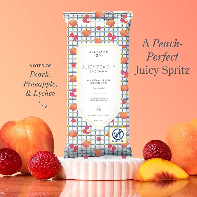 Beekman 1802 Face Wipes – Makeup Remover Wipes for Face, Facial Cleansing Wipes that Remove Makeup & Dirt, Travel Essentials, Face Wipes with Goat Milk & Aloe, Juicy Peachy Lychee 30 Count