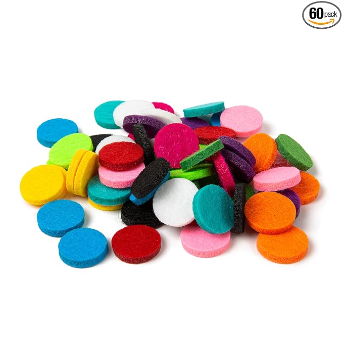mEssentials Premium Quality 60pcs - 17mm Diameter, 3mm Thick Essential Oil Aromatherapy Necklace and Bracelet Diffuser Refill Pads (10 Assorted Colors)