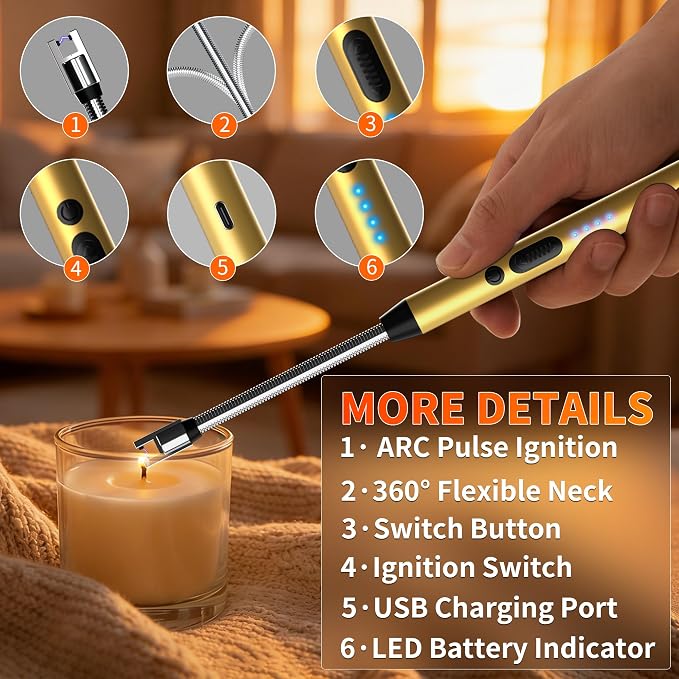 2 Pack Rechargeable Type C Electric Lighters, Gold | Flameless and Windproof, Plasma Arc, 360° Long Reach Flexible Neck, LED Power Display, For Candles, BBQ Grill & Camping