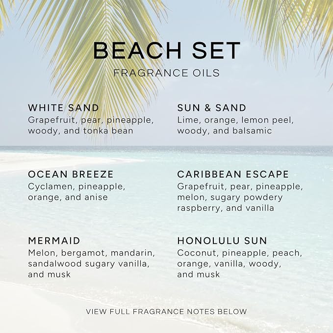 Eternal Essence Oils Beach Set of 6 Premium Fragrance Oils - Includes White Sand, Ocean Breeze, Honolulu Sun, Mermaid, Caribbean Escape, and Sun & Sand Scented Oils - 10ML