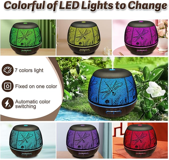 Roonbo Diffusers for Essential Oils Large Room 400ml,Essential Oil Diffuser for Home with R/C,Cool Mist Humidifiers for Bedroom,7 Colors Changed & 3 Mist Mode Waterless Auto Off for Decor Dragonfly