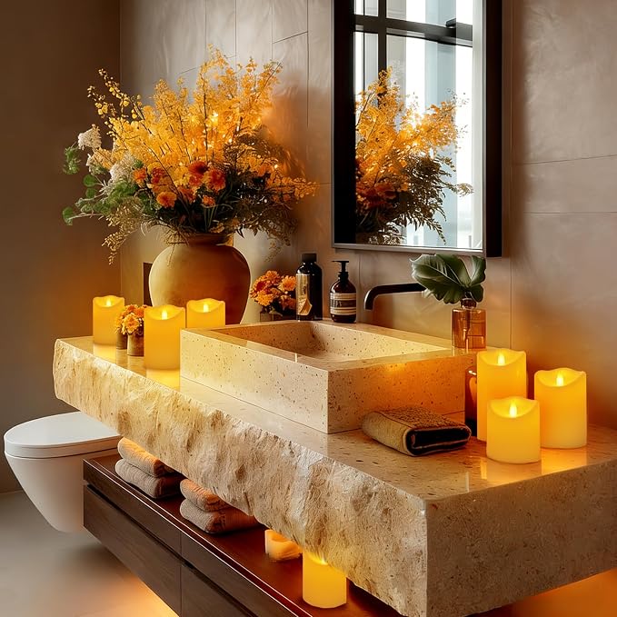 Outdoor Indoor Flameless Candles, Patented 3D Dual-LED, Set of 3 Slanted Top Durable Plastic Pillars with Remote, Table Centerpiece for Living Room Shelf, Non-Melting Battery Candles (Ivory)