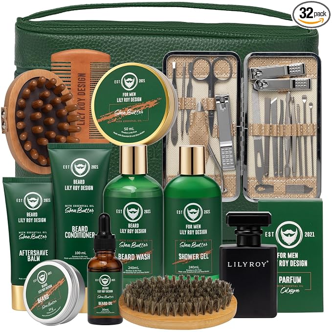 Gifts for Men, Fathers Day Gifts, Spa Set for Men - Luxurious 32Piece Shea Butter Bath & Beard Gift Set, Bath & Body Care Kit for Him | Christmas, Valentine's Day, Birthday, Spa Gift Set for Dad