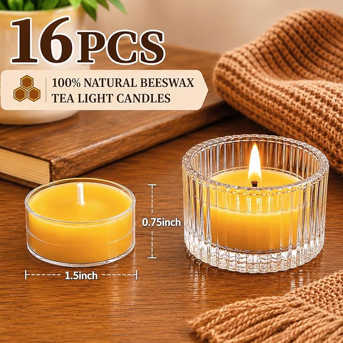 Beeswax Tea Candles 16 Pack, Non Toxic Bees Wax Tealight Candle for Home, 4 Hour Burn Time Natural Tea Light Bulk for Emergency, Organic Yellow Candle for Relaxing, Meditation