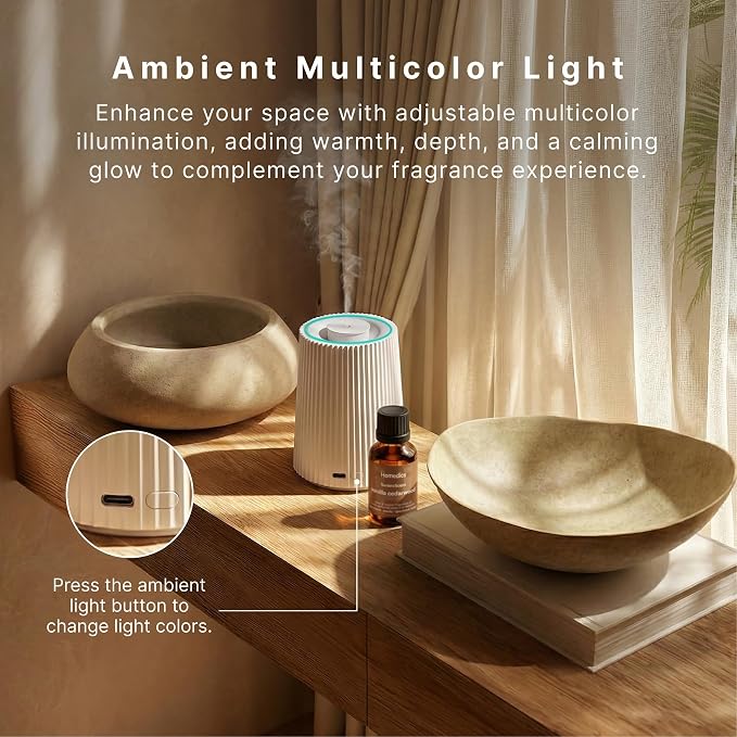 Homedics Waterless Essential Oil Diffuser with 15ml Vanilla Cedarwood Fragrance Oil. SereneScent Cordless Cold Air Scent Diffuser Starter Kit with Ambient Light, Studio 671 (White)