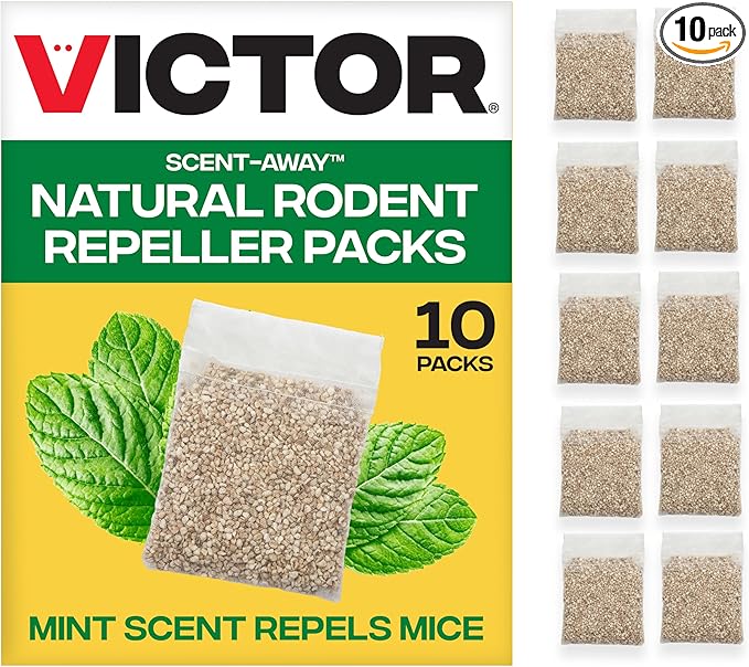 Victor Scent-Away Mouse Repellent Pouches - 10-Pack, Natural Rodent Deterrent for Indoor Outdoor Pest Control, Peppermint Oil Granules, Mice and Rat Protection for Home, Garage, Vehicle, M805B-2SR