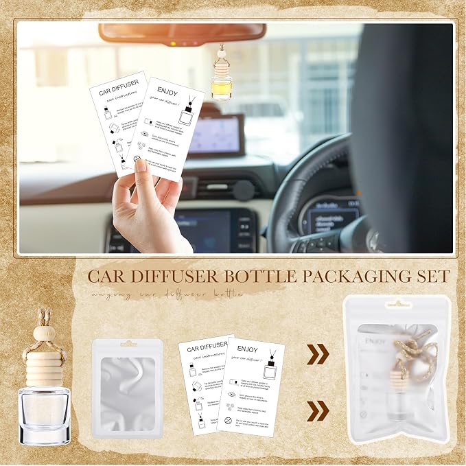 Boao 300 Sets Hanging Car Air Freshener Diffuser Bottles with Instruction Card and 4 x 6'' Resealable Holographic Bag for Empty Car Essential Oil Perfume Bottles Packaging (Cylinder)