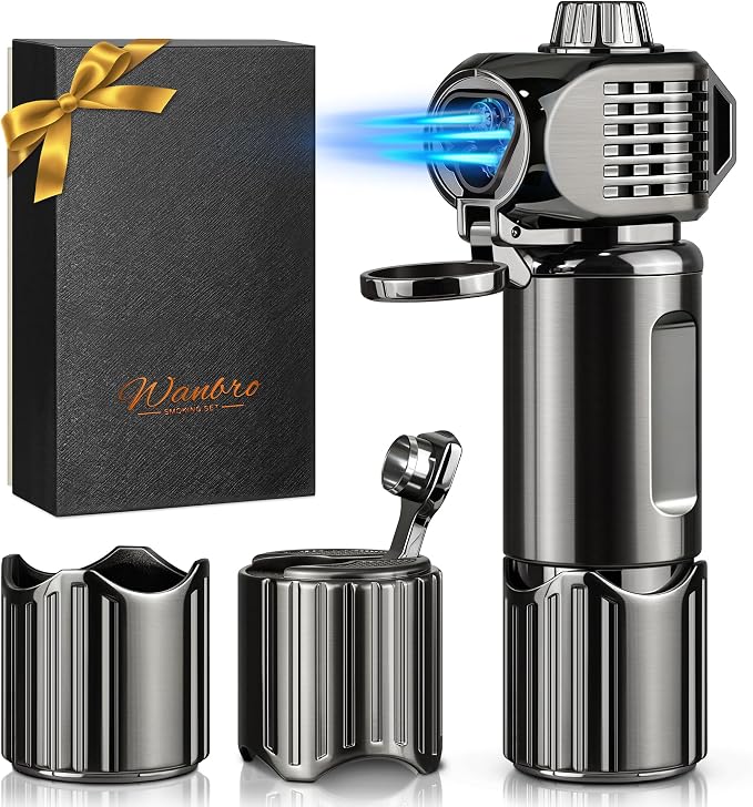 Butane Torch Lighter Build-in Holder, Punch, Windproof Triple Jet Flames Lighters with Safety Lock, Adjustable Flame, Metal Pocket Lighter for Candle, Grill, Men's Gift (NO Gas)