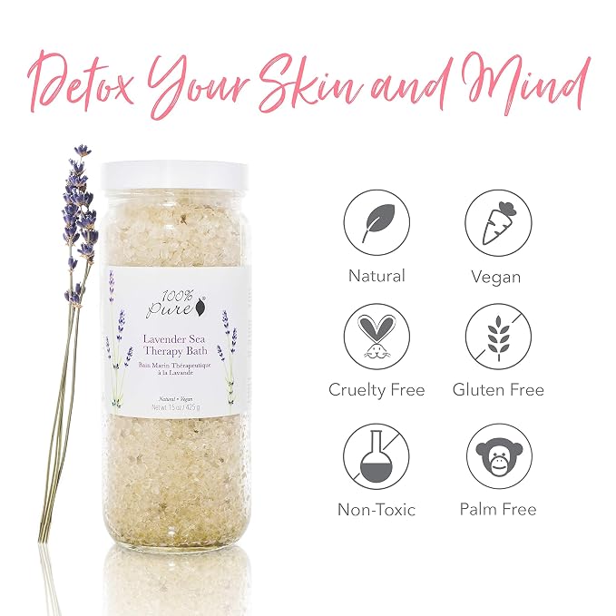 100% PURE Lavender Sea Therapy Bath Soak, Bath Salts for Relaxation, Made with Lavender Essential Oil, Spa Kit for Home, Bath Soak with Essential Oils - 15 Oz