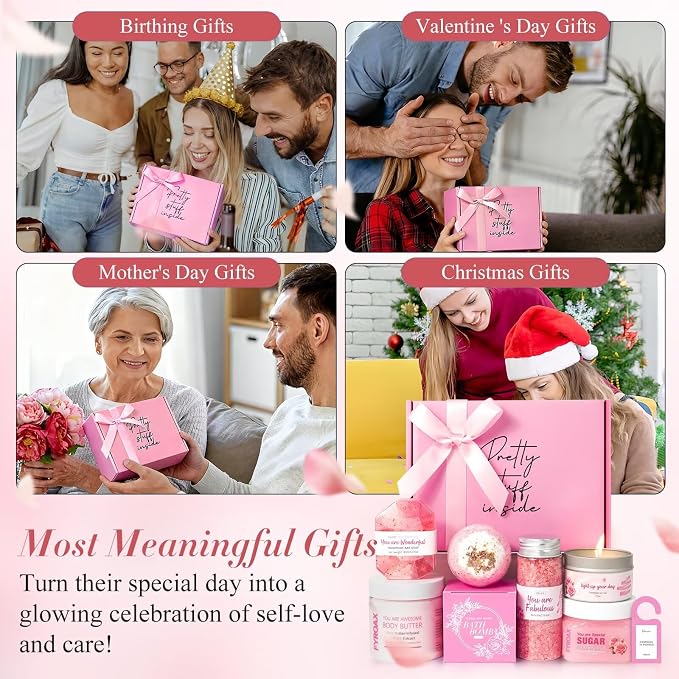 Spa Gifts for Women 7 Pcs Home Spa Kit Rose Gifts for Woman,Spa Gift Baskets Self Care Gifts Spa Gift for Women Birthday,Mothers Day Basket Easter Christmas Bath Set