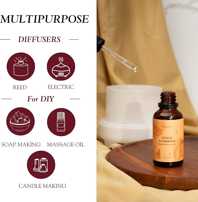 Folkulture Citrus & Verbena Essential Oil Blend | 30 ml - 1.01 Fl Oz Fragrance Oil with Dropper | Premium Diffuser Oils for Humidifier, Diffuser for Fresh & Uplifting, Revive, Relaxation
