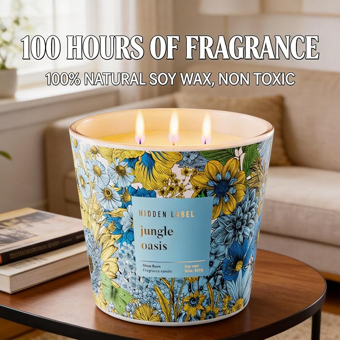 Hidden Label Jungle Oasis Candle, 30oz 3 Wick Large Soy Candle Non Toxic for Home, Scented Candles Aromatherapy Floral Decorative, 100H Relaxing Candles Gift