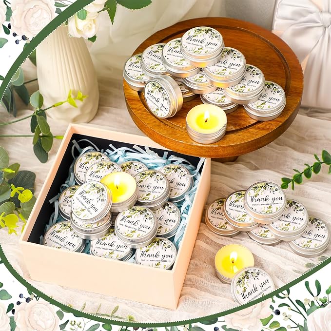 MTLEE 50 Pcs Greenery Wedding Candles Gift Favors for Guests 1 Oz Lavender Scented Soy Wax Aromatherapy Candle Favors for Bridal Shower Rustic Wedding Party Guests(Fresh Leaves)