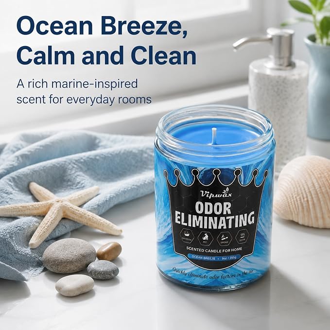 9 oz Ocean Breeze Odor Eliminating Candles for Home Scented, Eliminates 99% of Pet, Smoke, Food and Other Smells Quickly, Highly Fragranced Candle, Premium Soy Candles Set for Women