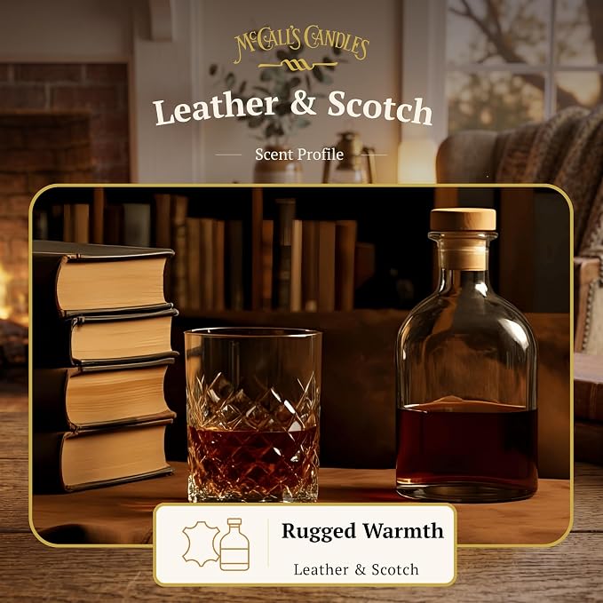 McCall’s Candles | Leather & Scotch | 26 oz Classic Jar Candle | USA-Poured | Rustic Jar with Carrying Handles | Leather & Scotch Fragrance