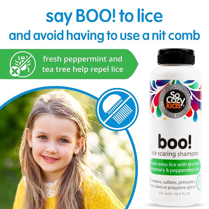 SoCozy Boo! Lice Scaring Shampoo For Kids Hair, Effective Lice Treatment (10.5 Fl Oz) Scare Away Lice with Tea Tree, Rosemary and Peppermint Oils, No Parabens, Sulfates, Synthetic Colors or Dyes