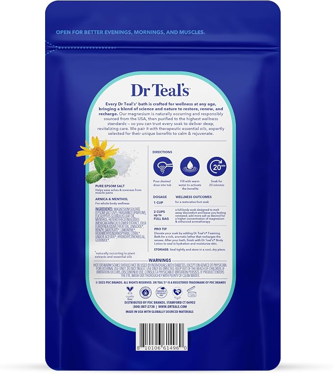 Dr Teal's Arnica Body Relief Epsom Salt Magnesium Soak with Menthol & Essential Oils, Muscle Recovery, 3 lbs
