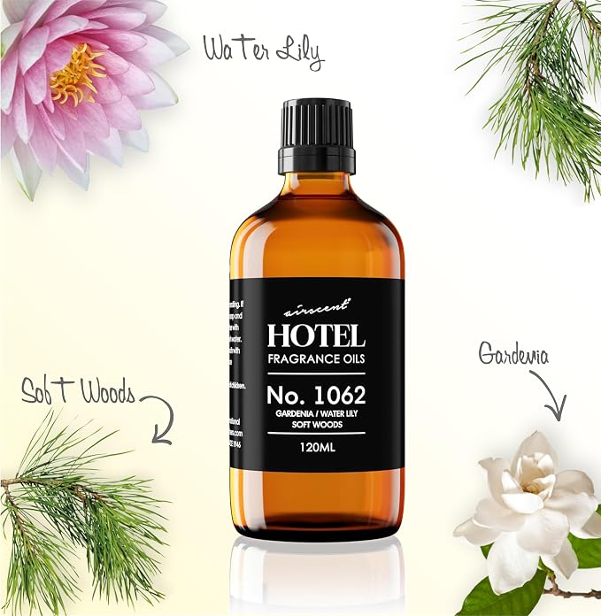 AirScent Hotel Diffuser Oil No. 1062 - Gardenia Water Lily Soft Woods - Premium Fragrance Oil for Ultrasonic and Waterless Diffusers and Crafting - 30 mL, 1 fl oz Glass Dropper Bottle