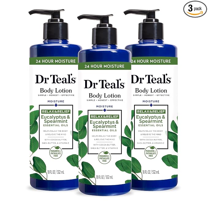 Dr Teal's 24 Hour Moisture+ Body Lotion, Eucalyptus & Spearmint & Essential Oils, 18 fl oz (Pack of 3)
