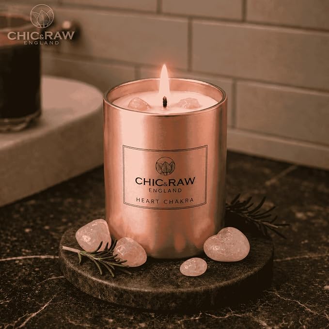 Aromatherapy Candle with 2 Pure Rose Quartz Gems, Scented Candle in Rose Gold, Luxury Long-Lasting Burn Soy Wax, White Tea & Ginger Candle for Home Scented, Unique Healing Gifts,7.05oz