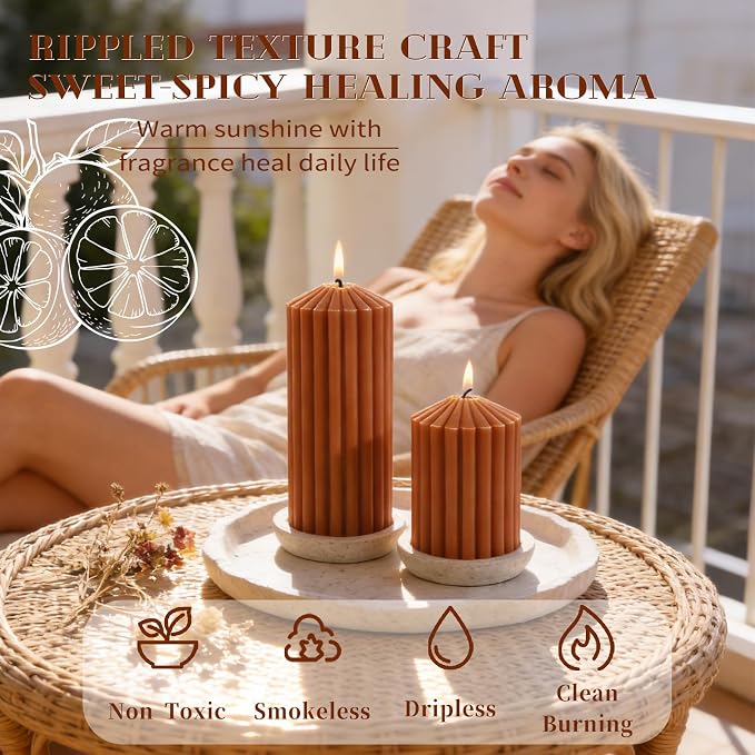 Burnt Orange Ribbed Pillar Candles Set of 3-Spiced Orange,Cinnamon & Clove Scented Soy Wax，Aesthetic Retro Textured Pillars-2.8x4,6,8in,High-Low Trio for Boho Home Decor,Spa & Gifting
