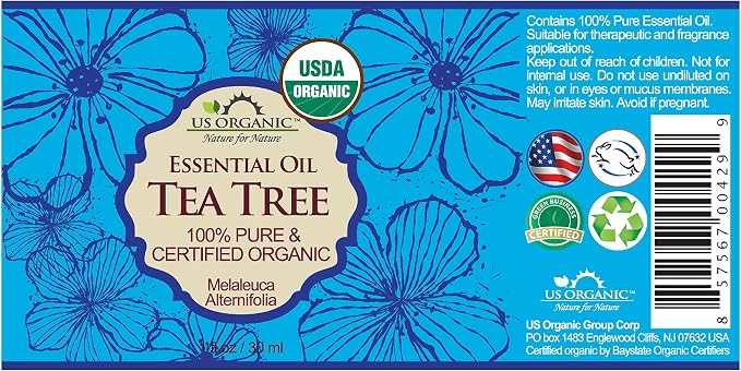 US Organic 100% Pure Tea Tree Essential Oil, Steam Distilled, USDA Certified Organic, for Hair, Skin, Scalp, Foot, Toenails, and More. Sourced from South Africa, Undiluted, Non-GMO (30 ml)