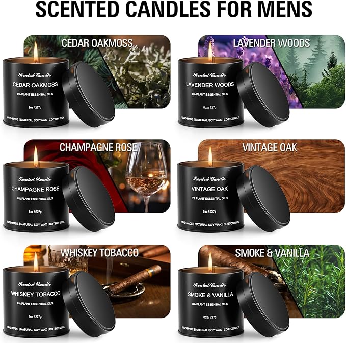 Scented Candles for Men - Candles Gifts for Men, Soy Wax, Cotton Wick, Birthday, Christmas, Anniversary Present, Valentine (6x8oz)